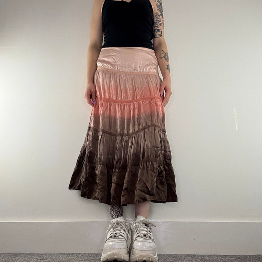 Y2K vintage silk ombre maxi skirt tiered brown pink