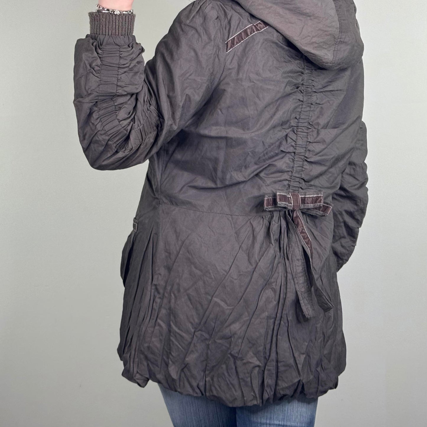 Y2K vintage parka coat ruched bow faux fur hood button up coquette brown velvet