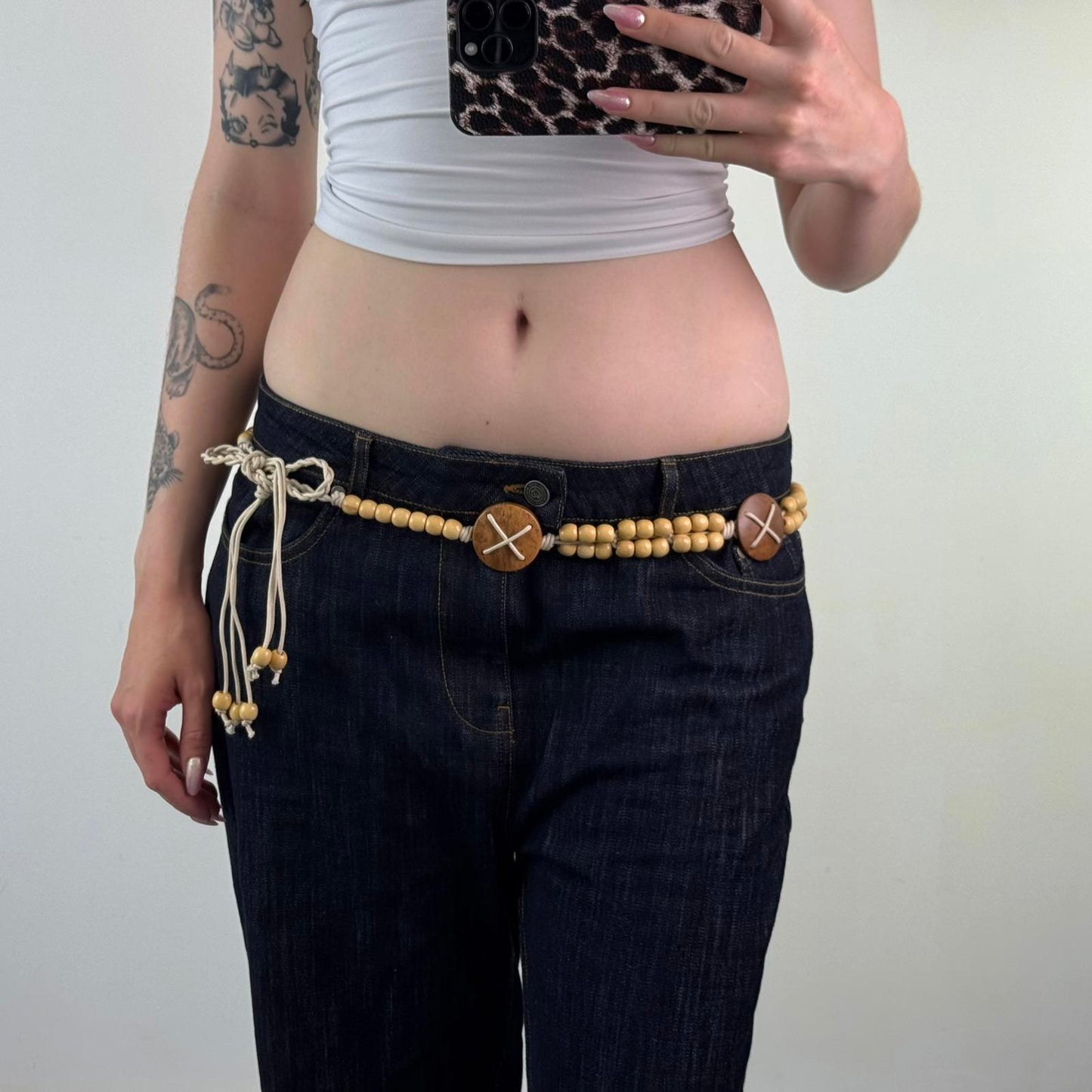 Y2K vintage wooden beaded string bow belt light brown beige adjustable