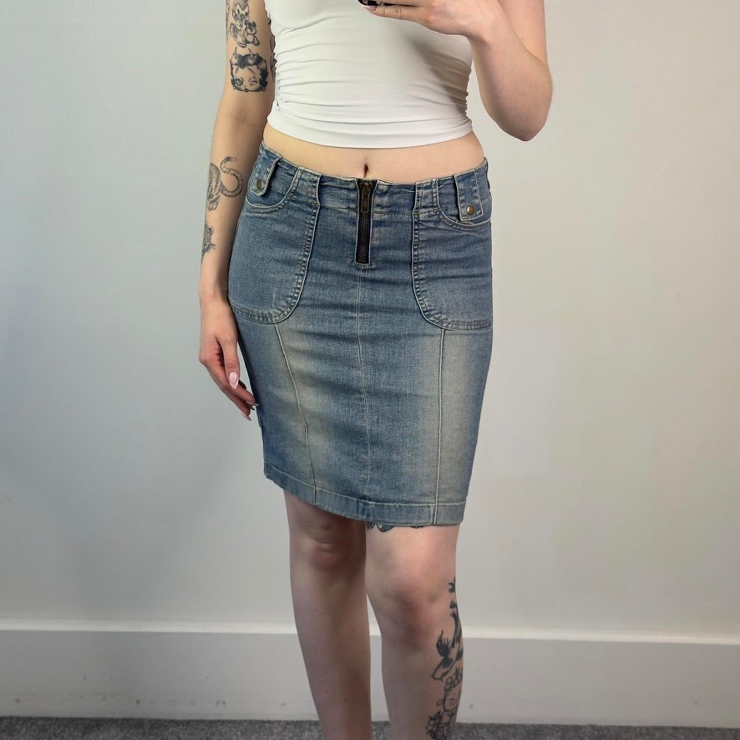 Y2K vintage fitted stretchy faded denim zipper front archive midi skirt cargo
