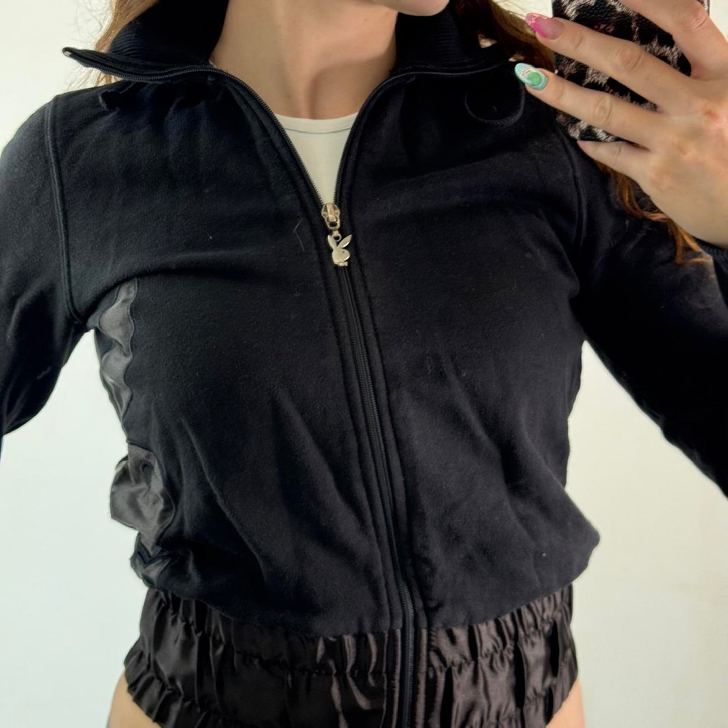 Y2K vintage Playboy cropped zip up jumper satin logo sporty black elastic waist