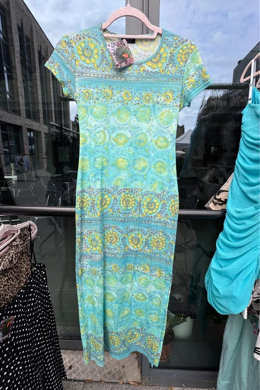 Vintage 2000s mesh short sleeve fitted bodycon maxi dress abstract pattern