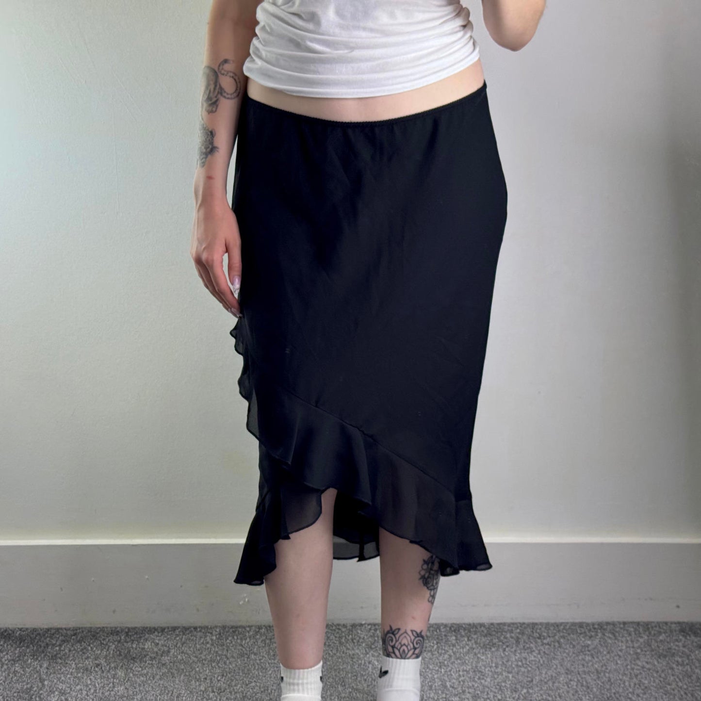 Y2K vintage low rise frilly ruffle midi skirt stretchy double sheer overlay