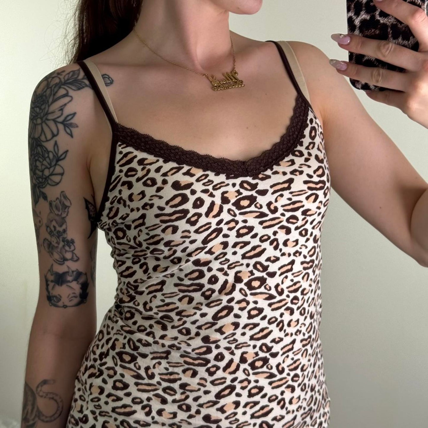 Y2K vintage leopard print cami top lace trim strappy cream brown v neck