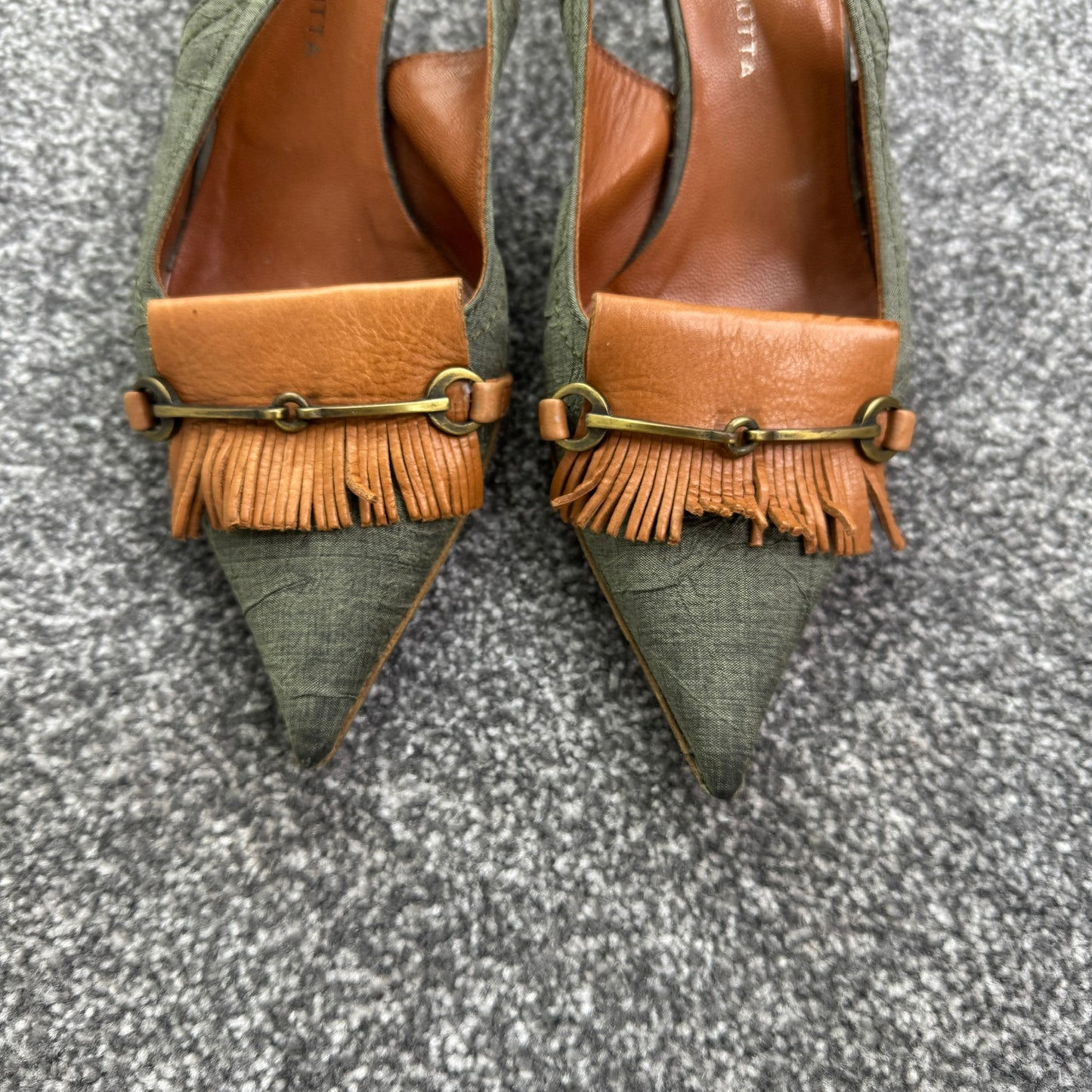 Y2K vintage denim kitten heels pointed leather fringe buckle snaffle bit archive