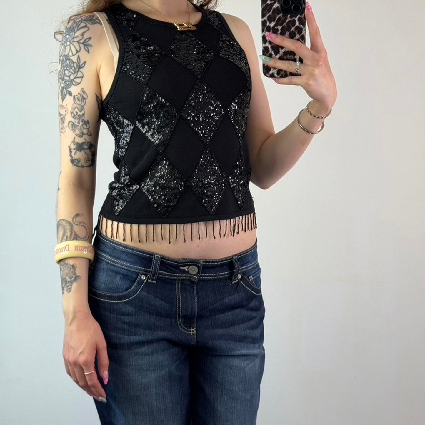 Y2K vintage fine knit sequin diamond tank top beaded tassel fringe high neck