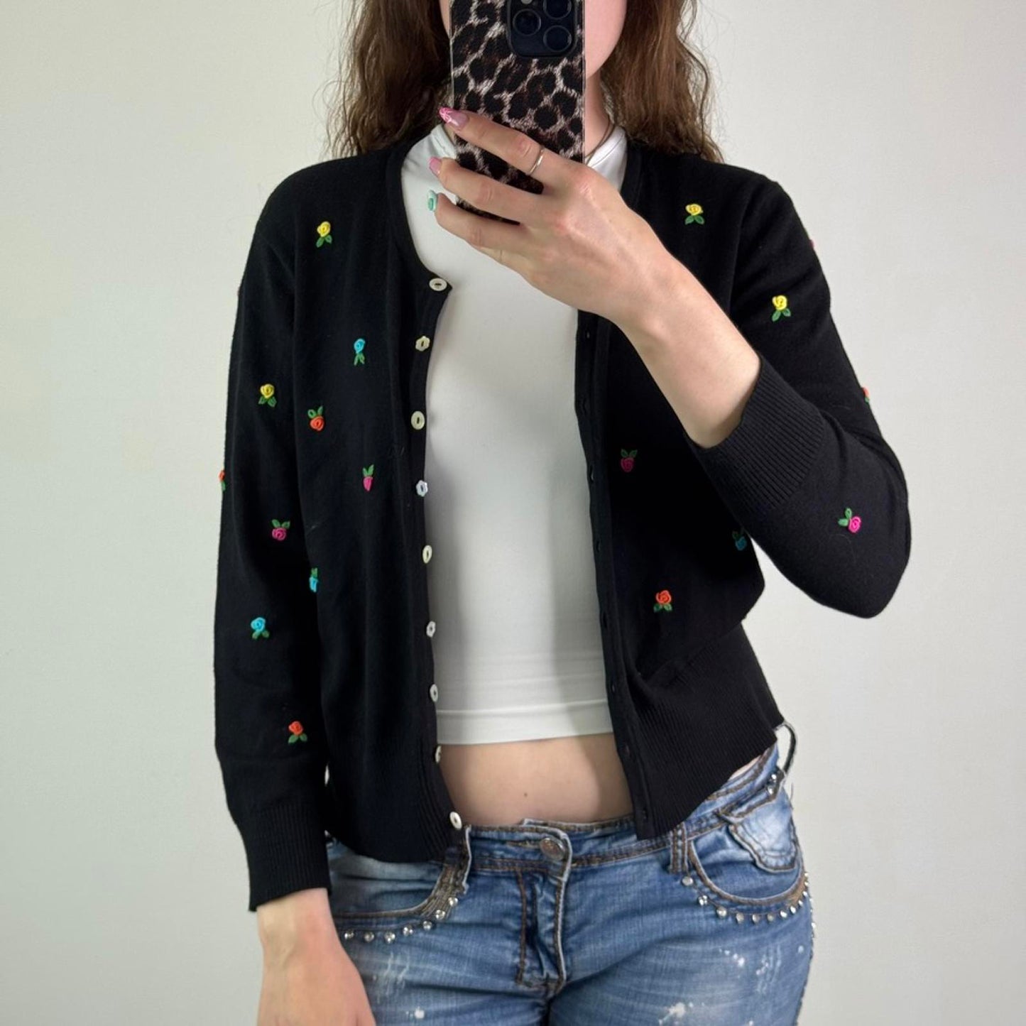 Y2K vintage button up knit floral rose 3D embroidered long sleeve cardigan