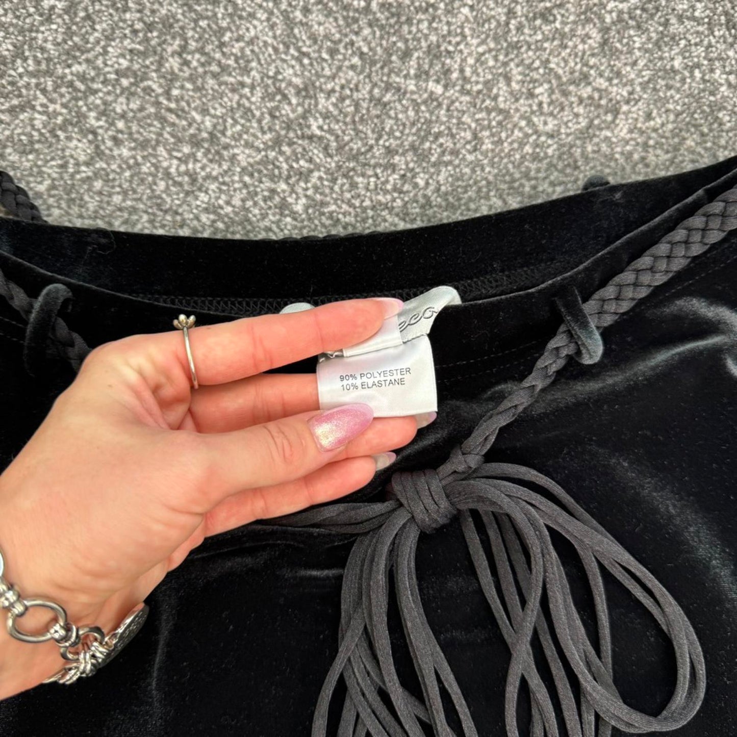 Y2K vintage velour stretchy maxi skirt black with braided belt a line flowy