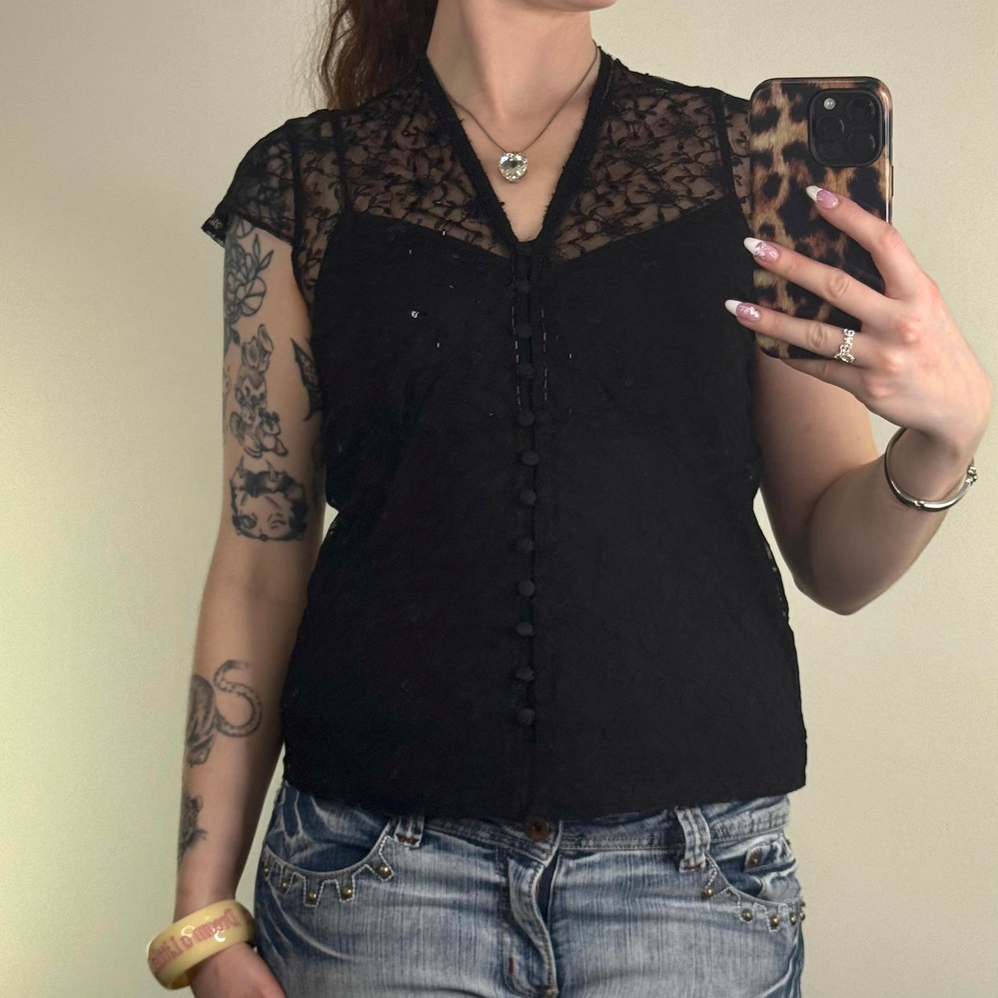 Y2K vintage blouse with cami sheer mesh beaded embellished button up cap sleeve