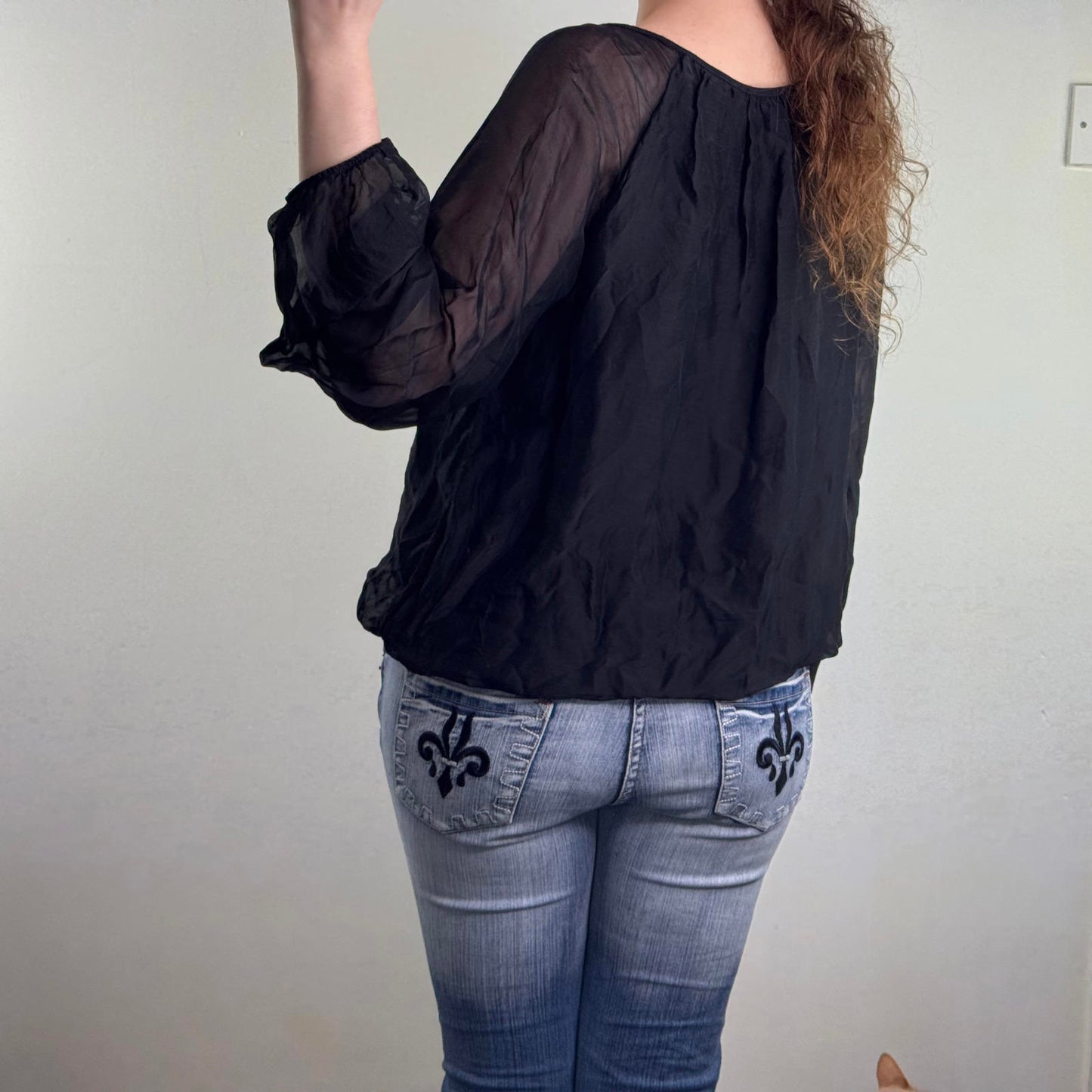 Y2K vintage 100% silk double layered long sleeve top slouchy bow keyhole