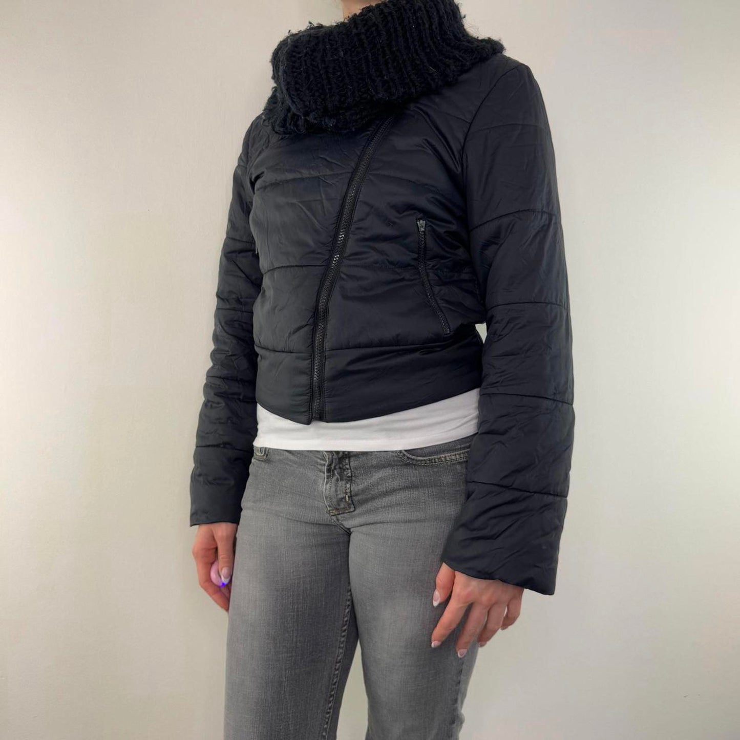 Y2K vintage Kookai short puffer coat asymmetrical zipper jacket knitted collar