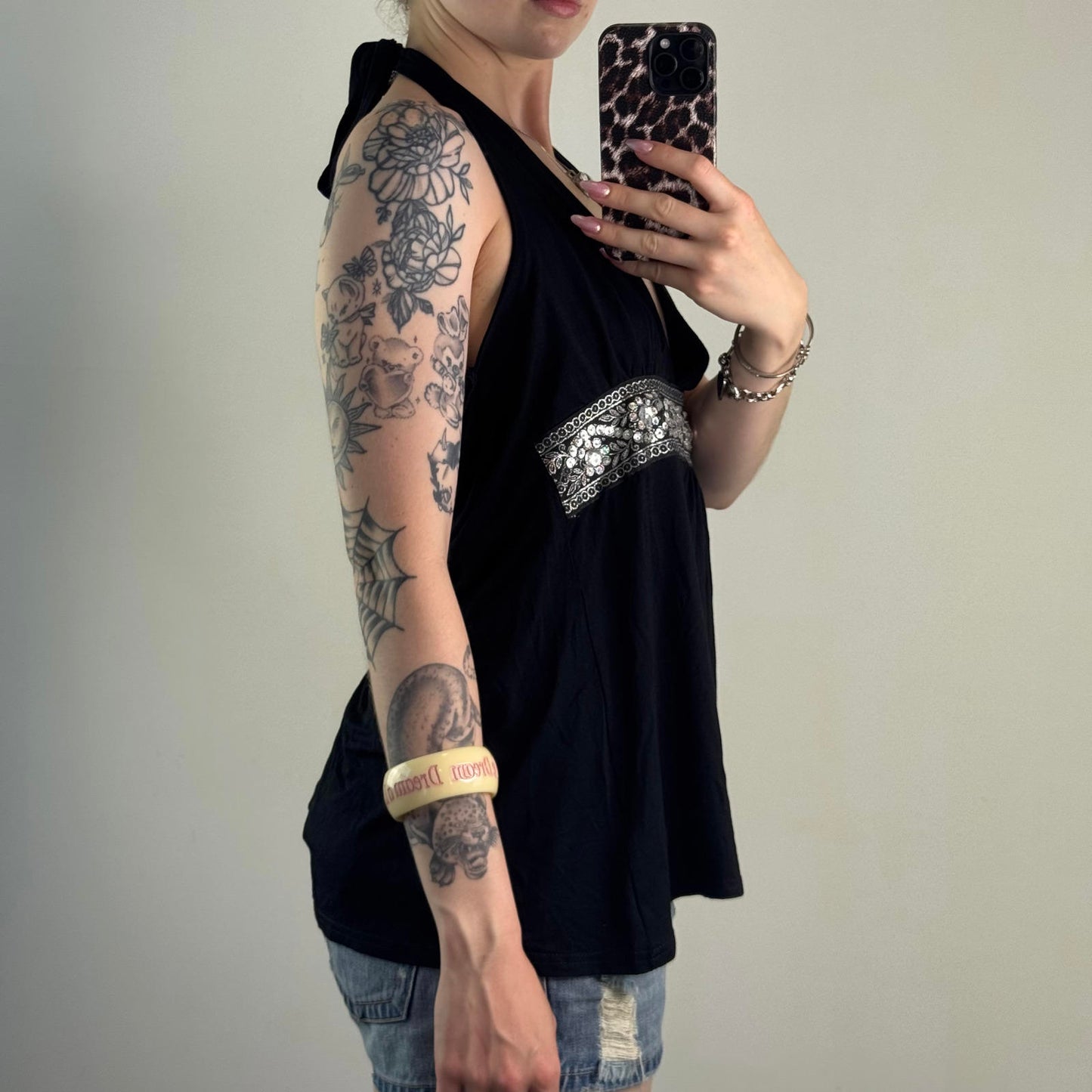 Y2K vintage halter neck top floral bust trim sequin rhinestone tie bow stretchy