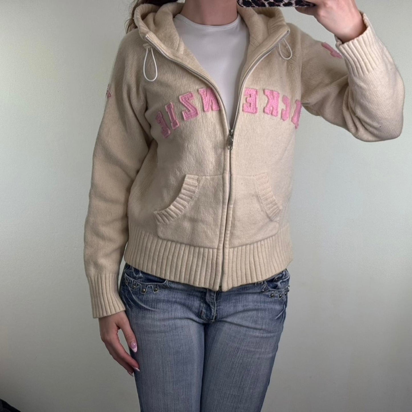 Y2K vintage McKenzie wool blend zip up hoodie pink toggles cream pink