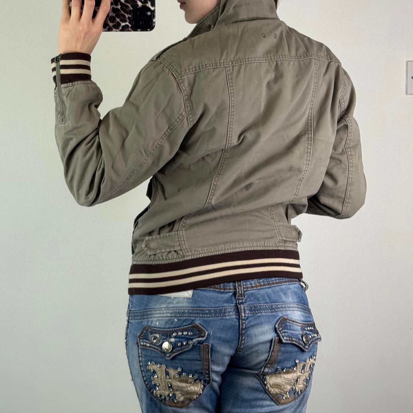 Y2K vintage denim zip button up bomber jacket stripe knit high neck unisex cargo