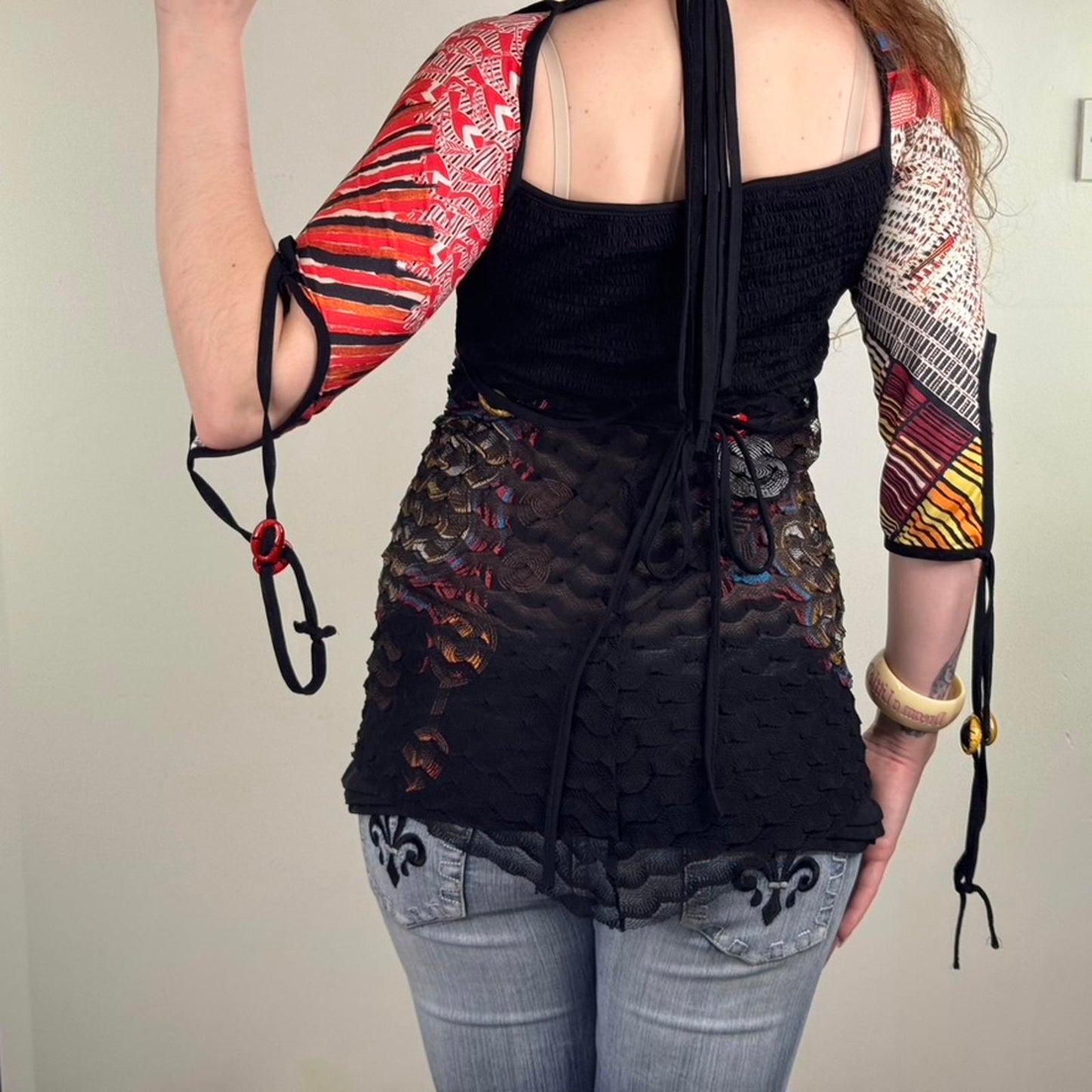 Y2K vintage Save The Queen top 3/4 sleeve top Australia aboriginal print mesh