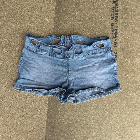 Y2K vintage stretchy denim mini shorts cut out mid rise