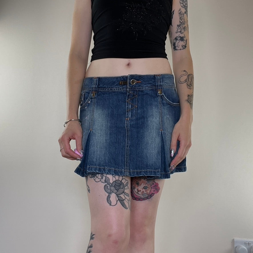 Y2K sequin butterfly pleated denim mini skirt