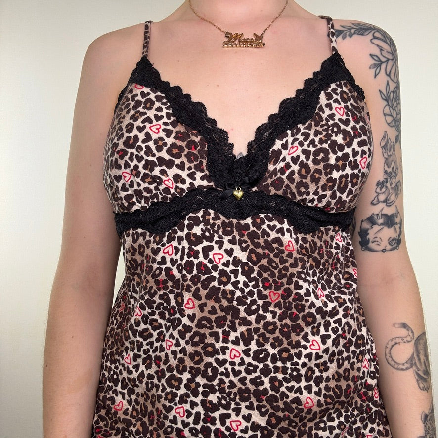 Y2K vintage leopard cami top padded bra built in support lace heart charm print