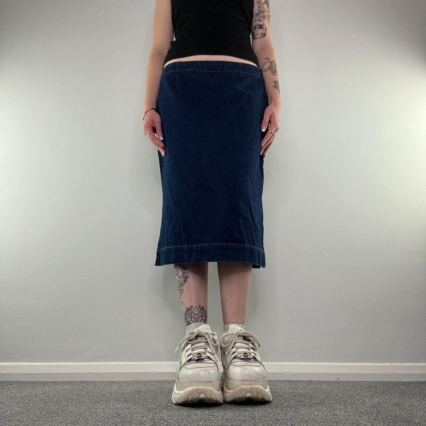 Y2K dark denim side splits midi skirt