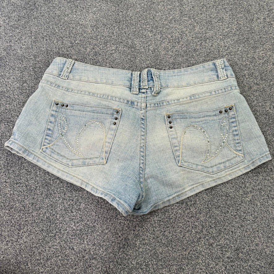 Y2K mcbling light denim rhinestone low rise shorts