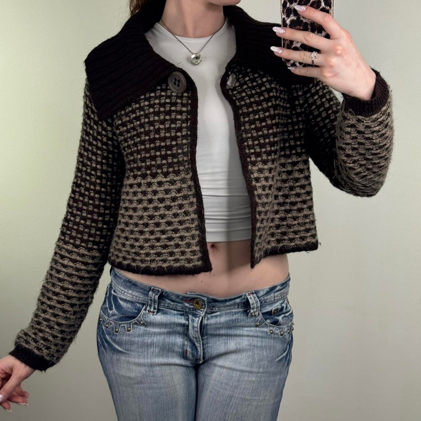 Y2K vintage Next mohair wool blend button up cardigan pea coat brown pattern