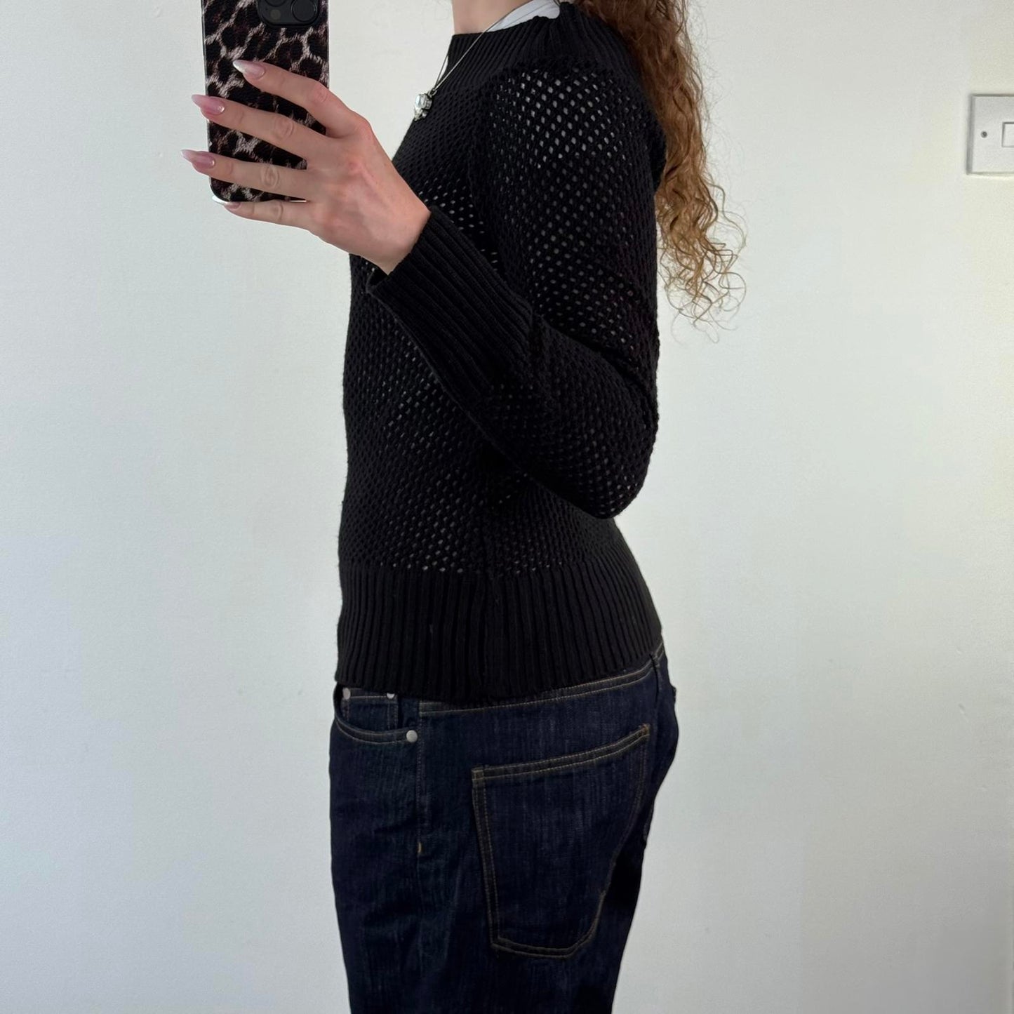 Y2K vintage perforated knitted sheer jumper open neck black