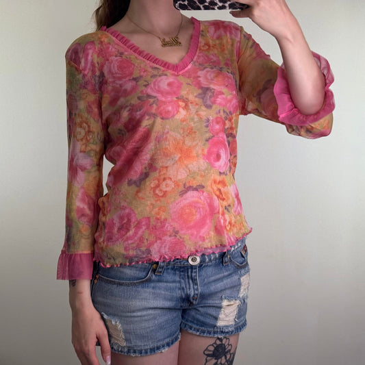Y2K vintage floral double mesh overlay 3/4 sleeve top v neck frill pink orange