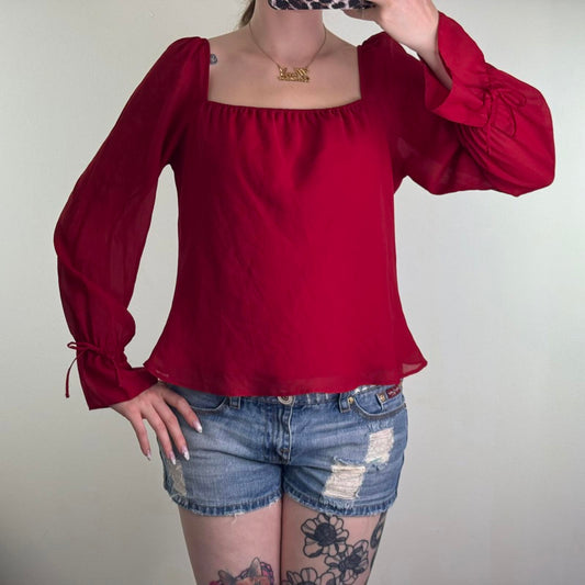 Y2K vintage long sleeve blouse milkmaid square neck top red ruched