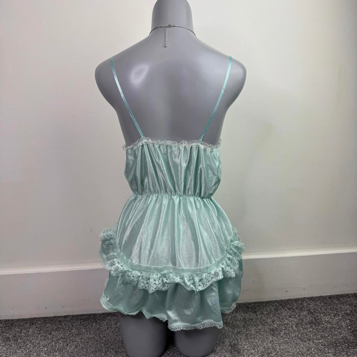 Y2K vintage lingerie nylon lace sheer frilly babydoll style top bow cami sheer