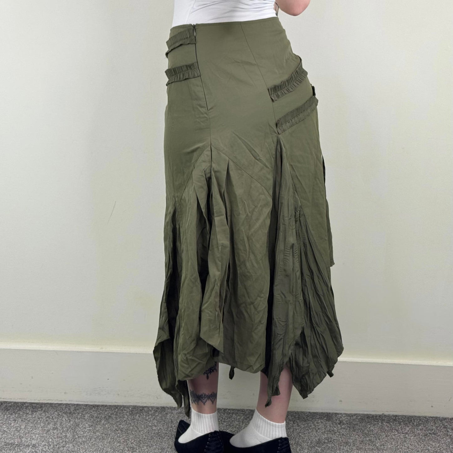 Y2K vintage maxi skirt asymmetrical ruffle khaki fairy whimsigoth layered