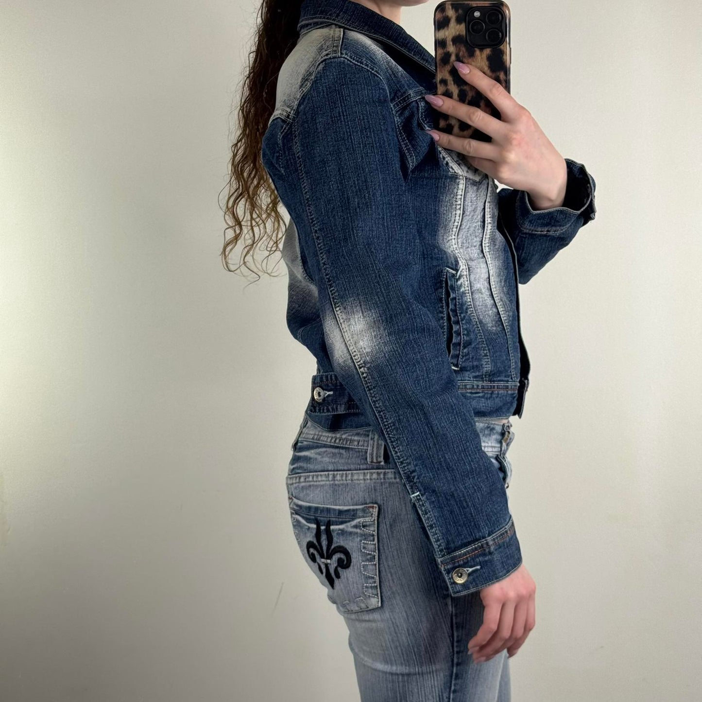 Y2K vintage Crazy Age denim jacket button up panther embroidery stretchy