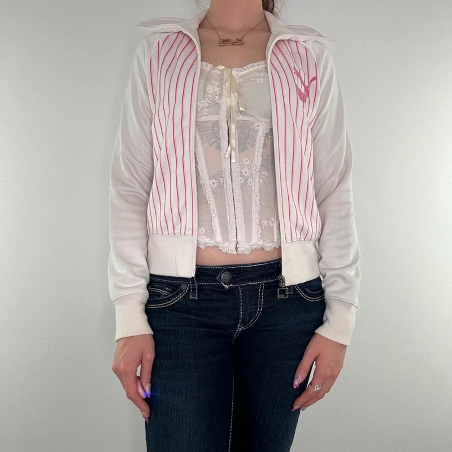 Y2K vintage Puma pinstripe zip up jumper white baby pink