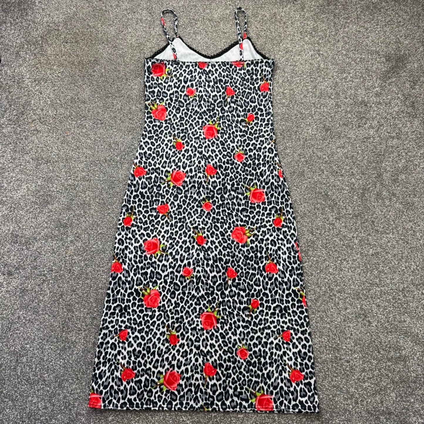 Y2K vintage slinky leopard print rose floral midi dress stretchy fitted strappy