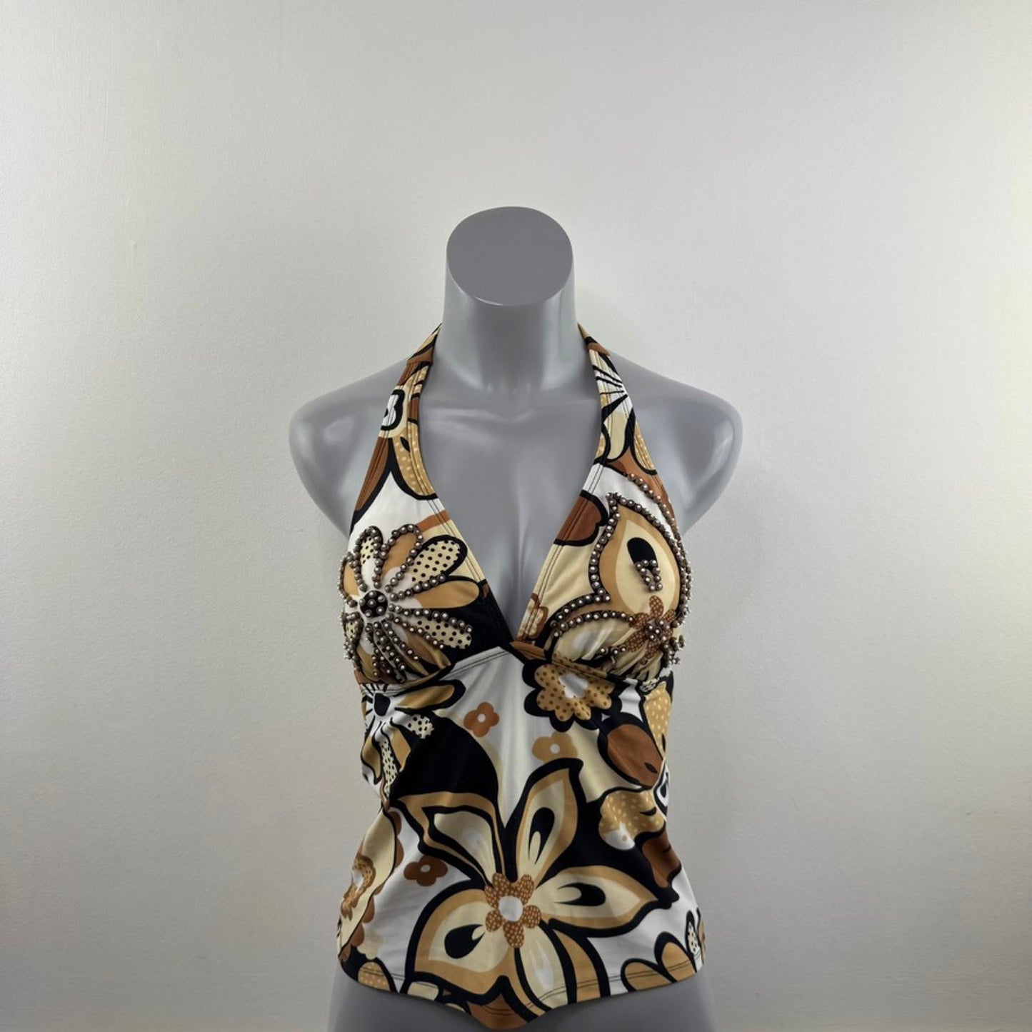 Y2K vintage halter neck swimwear top v neck padded bust beaded floral pattern