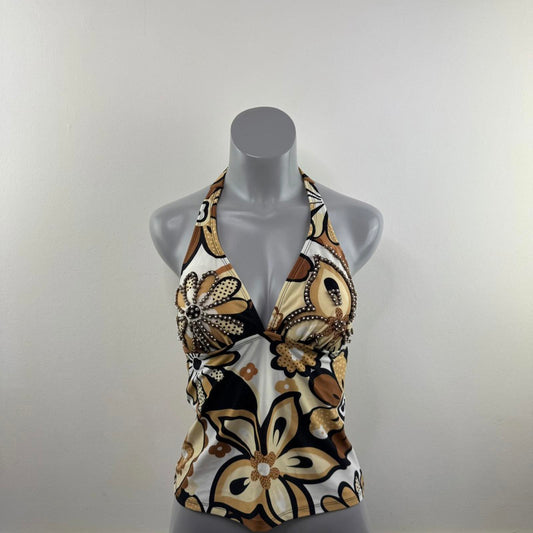Y2K vintage halter neck swimwear top v neck padded bust beaded floral pattern