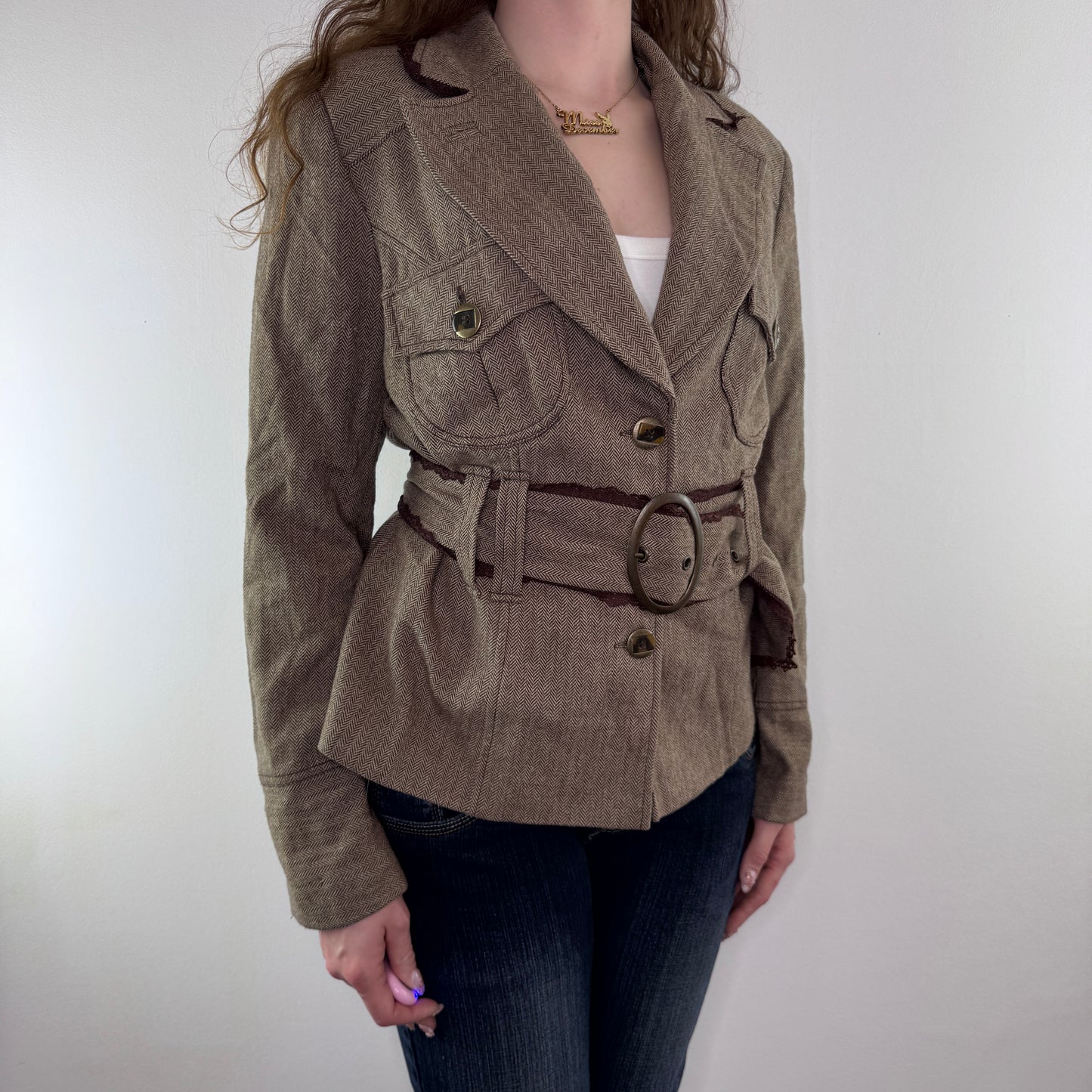 Y2K vintage herringbone lace trim tweed jacket with belt