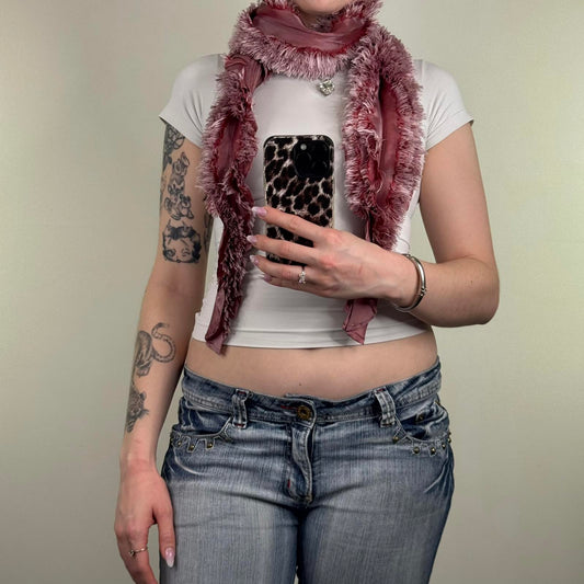 Y2K vintage crinkle fluffy scarf shaggy dark pink boho ruffle