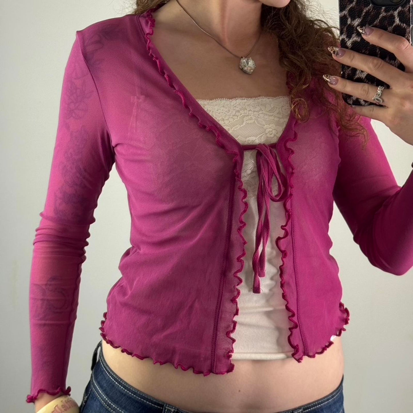 Y2K vintage Bay pink mesh long sleeve cardigan tie bow front lettuce hem cropped