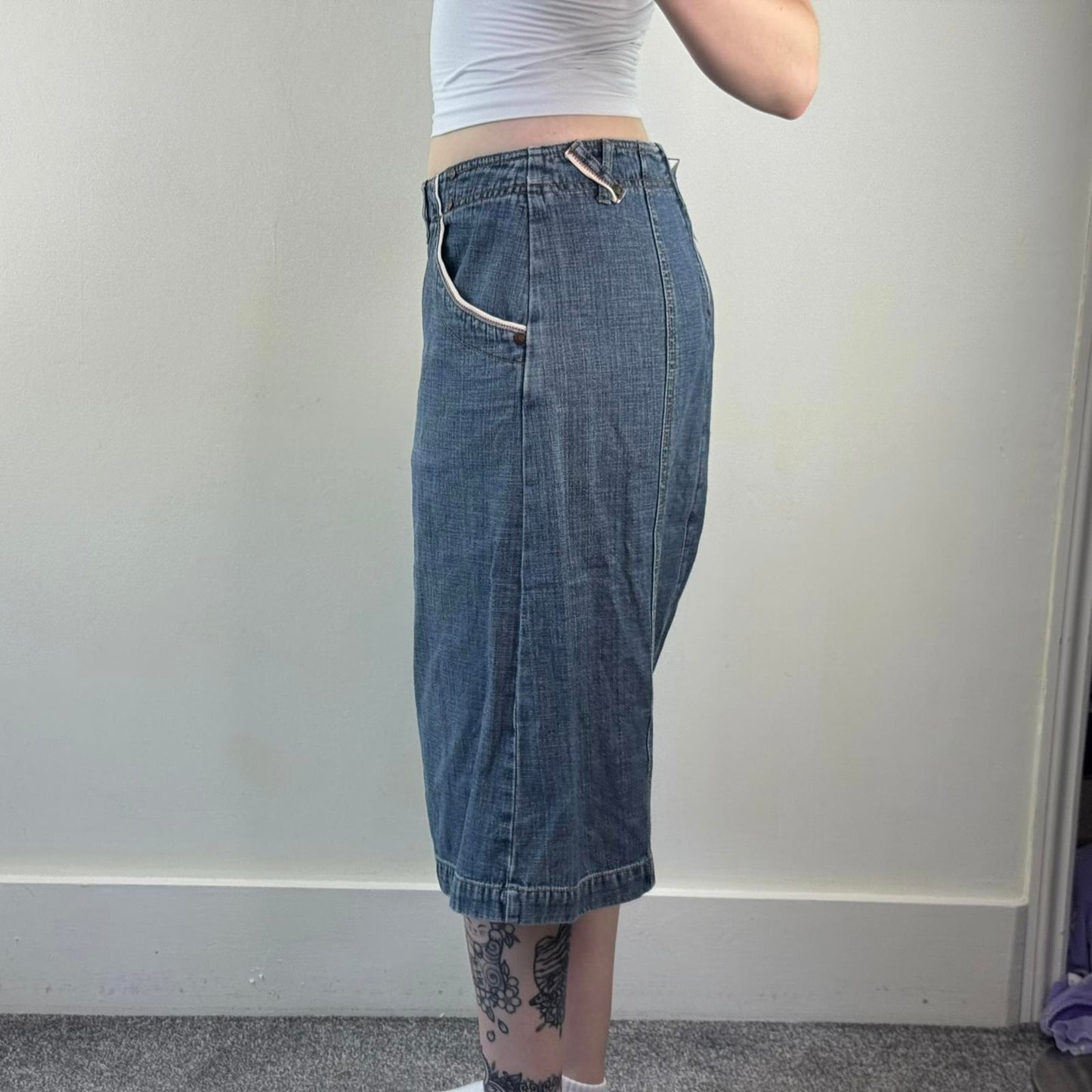 Y2K vintage a line faded denim midi skirt with side pockets