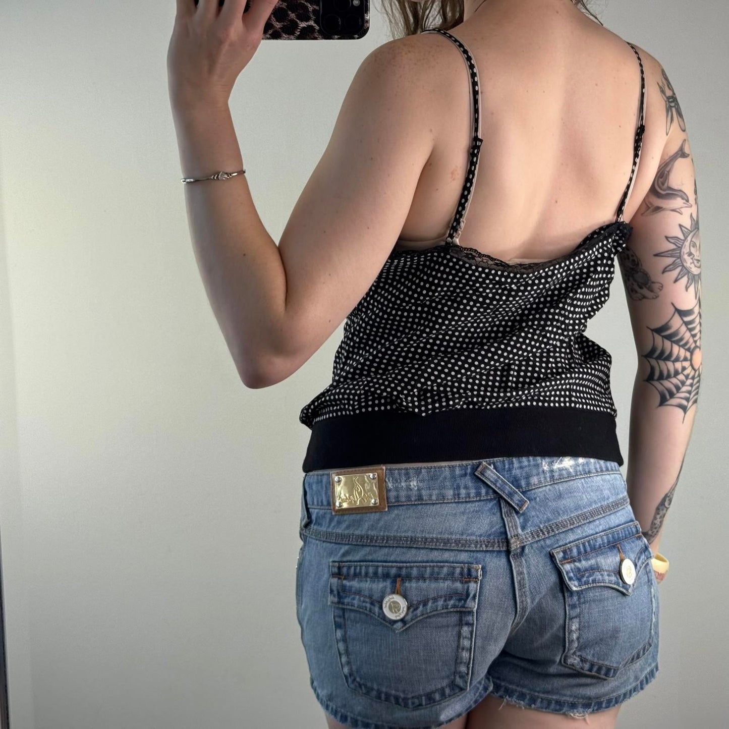 Y2K vintage 100% silk polka dot elastic waistband cami top lace trim black white