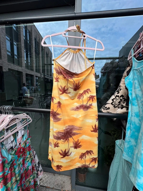 Vintage 2000s Orsay slinky summer dress halter neck palm tree print