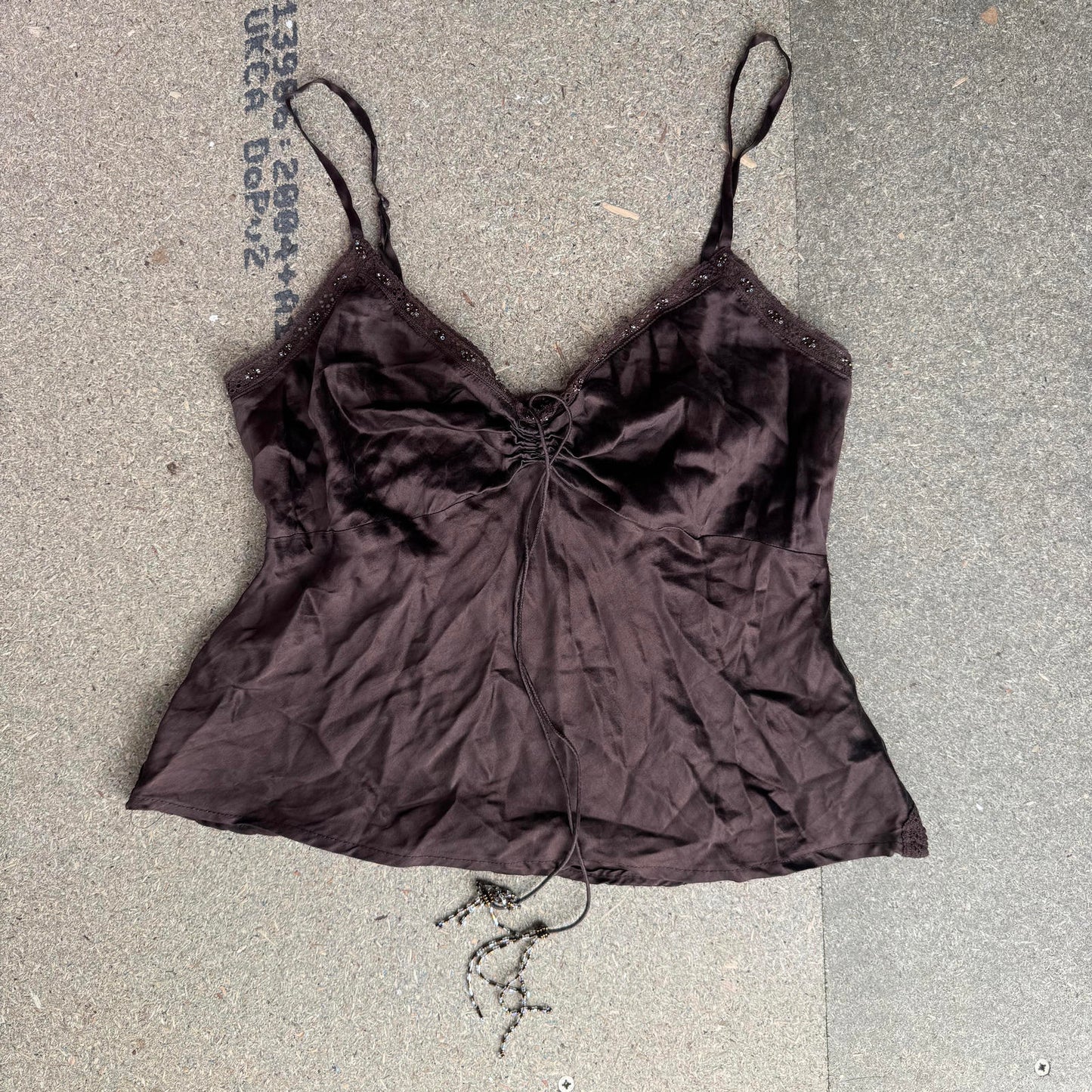 Y2K vintage 100% silk beaded floaty cami top lace trim strappy v neck