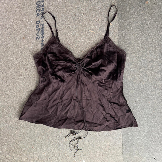 Y2K vintage 100% silk beaded floaty cami top lace trim strappy v neck