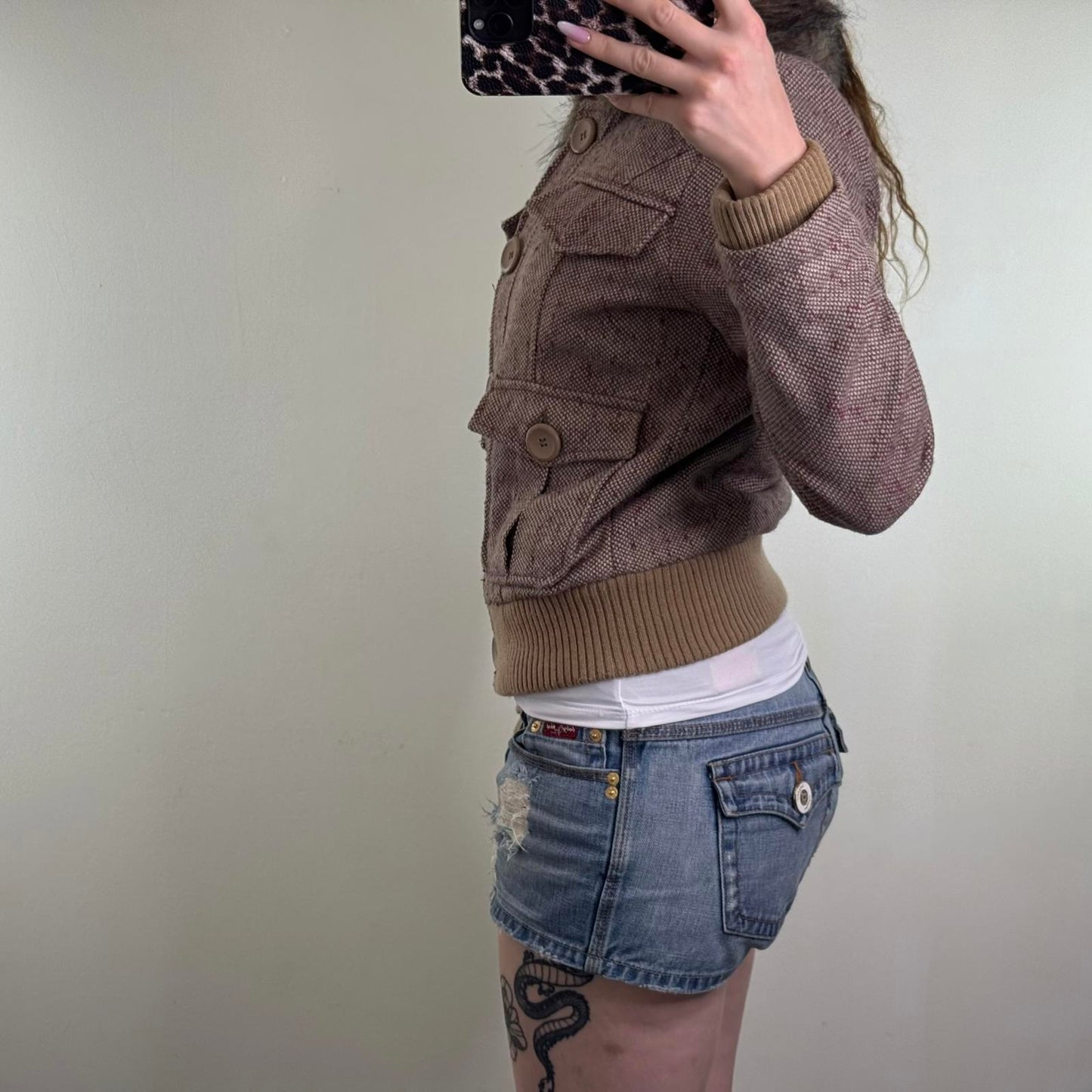 Y2K vintage tweed wool blend button up coat winter jacket faux fur trim collar