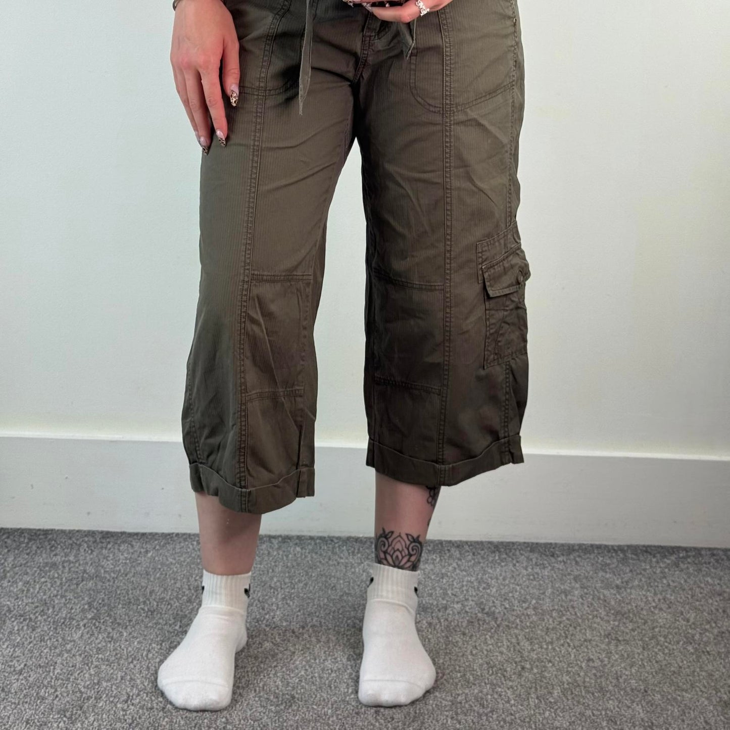Y2K vintage mid rise stripe cropped capri cargo trousers tie bow belt pockets