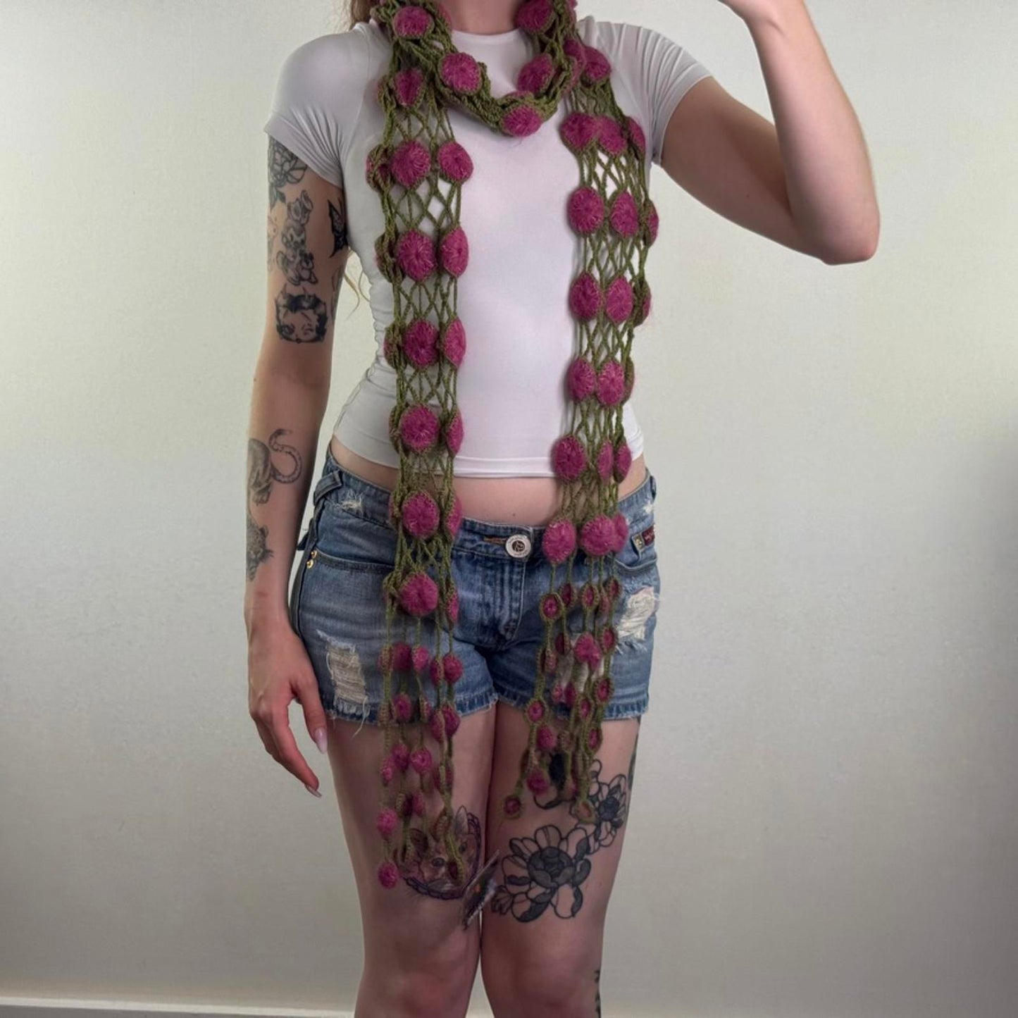 Y2K vintage wool blend knit scarf 3D pattern long length purple green