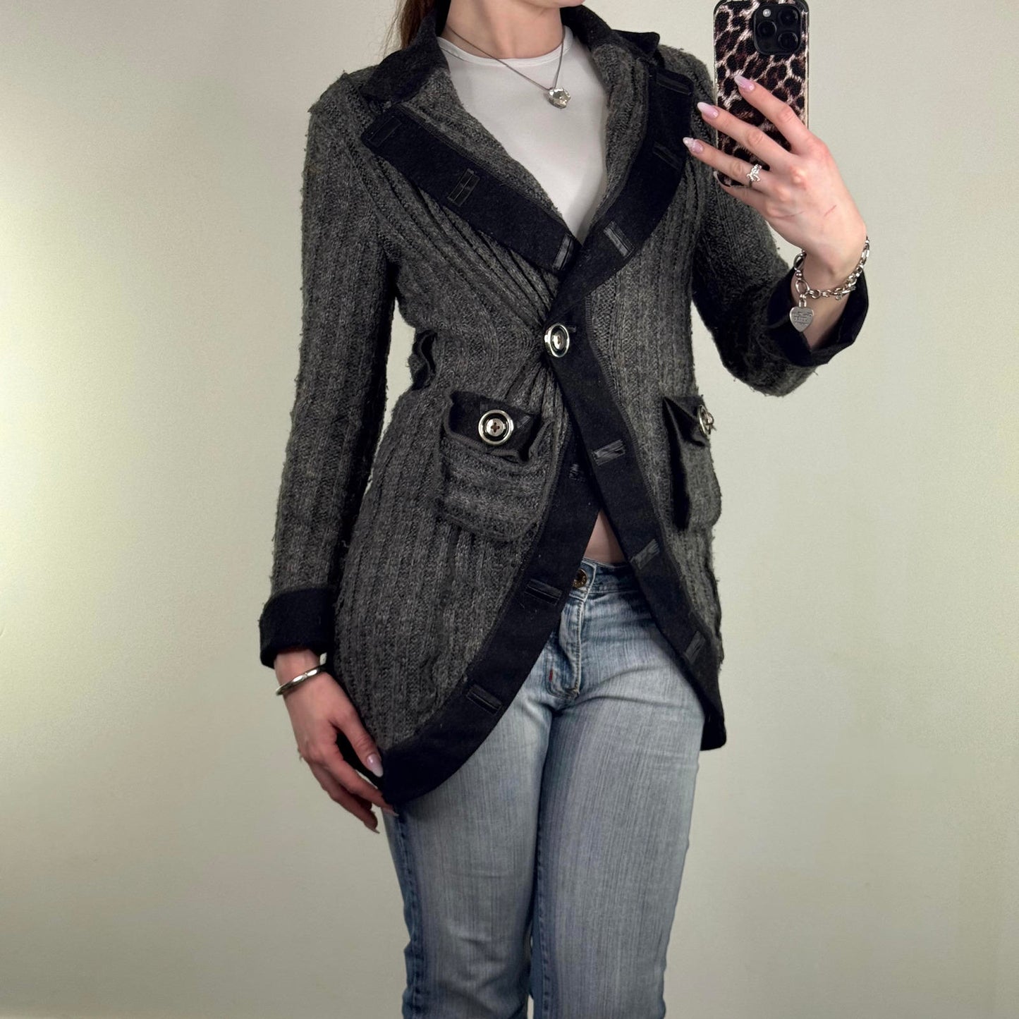 Y2K vintage mohair blend cardigan ribbed mid length v neck black grey fitted