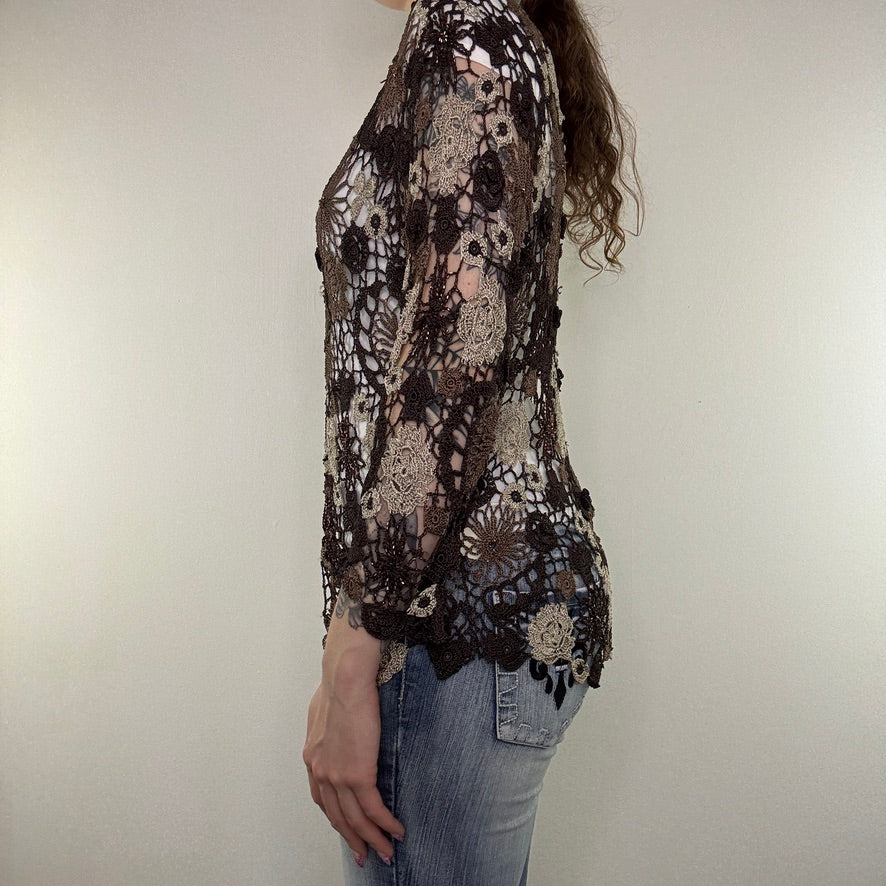 Y2K vintage crochet floral cardigan v neck boho fairy