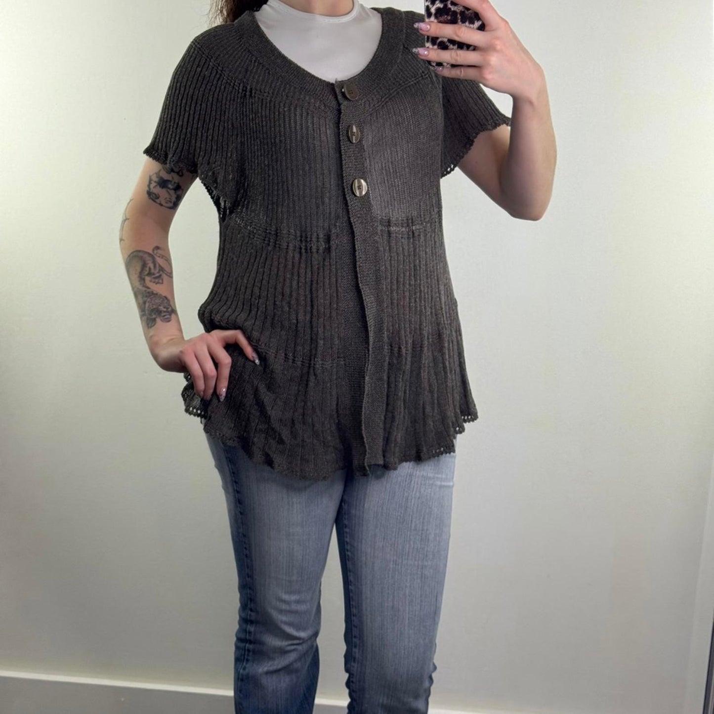 Y2K vintage linen blend fine knit short sleeve button up cardigan sheer