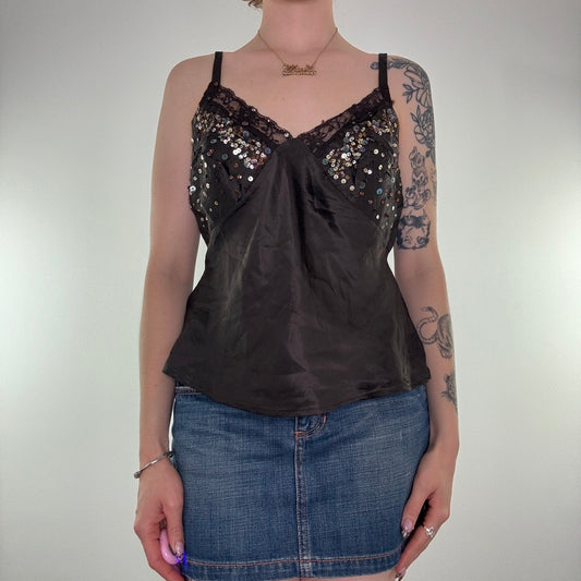 Y2K vintage Morgan De Toi top silk sequin cami lace trim